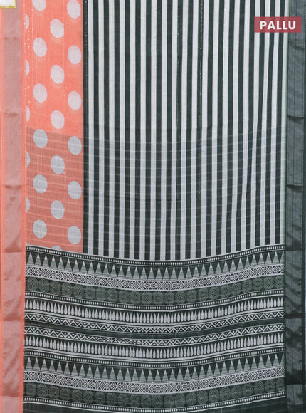 Linen cotton saree off white green and orange with stripes pattern & sequin work and silver zari woven border