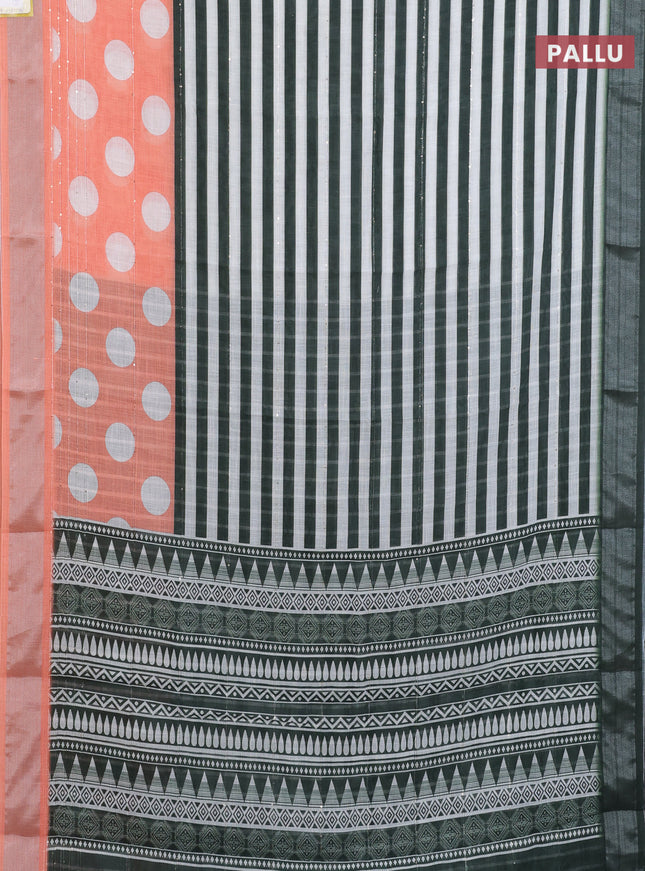 Linen cotton saree off white green and orange with stripes pattern & sequin work and silver zari woven border