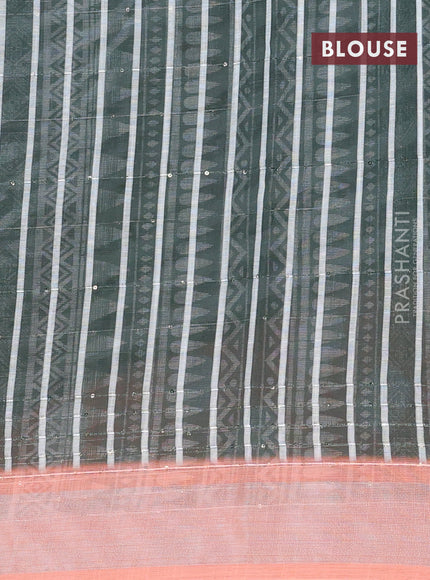 Linen cotton saree off white green and orange with stripes pattern & sequin work and silver zari woven border