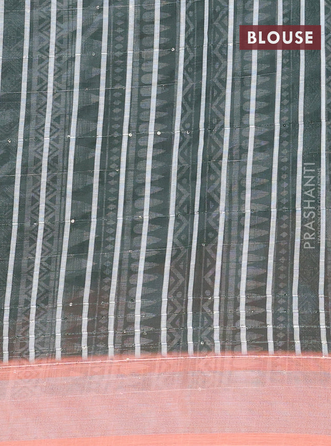 Linen cotton saree off white green and orange with stripes pattern & sequin work and silver zari woven border