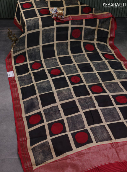 Chanderi silk cotton saree sandal black and red with allover geometric prints and banarasi style border