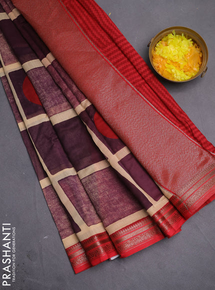 Chanderi silk cotton saree sandal jamun shade and red with allover geometric prints and banarasi style border