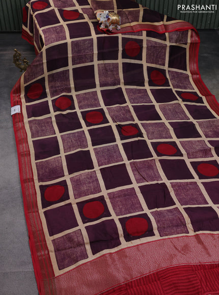 Chanderi silk cotton saree sandal jamun shade and red with allover geometric prints and banarasi style border