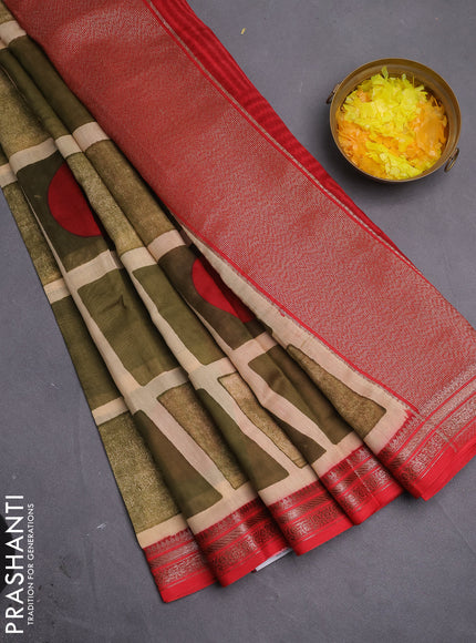 Chanderi silk cotton saree sandal sap green and red with allover geometric prints and banarasi style border