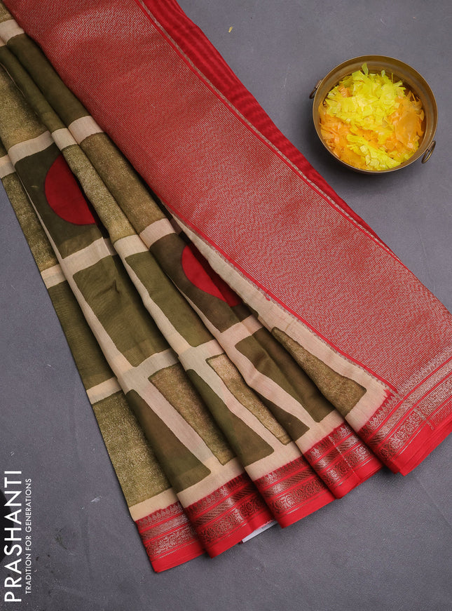 Chanderi silk cotton saree sandal sap green and red with allover geometric prints and banarasi style border