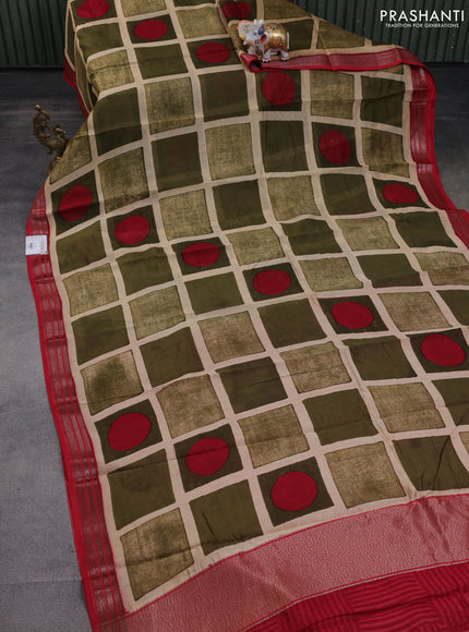 Chanderi silk cotton saree sandal sap green and red with allover geometric prints and banarasi style border