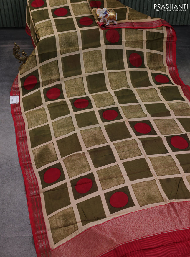 Chanderi silk cotton saree sandal sap green and red with allover geometric prints and banarasi style border