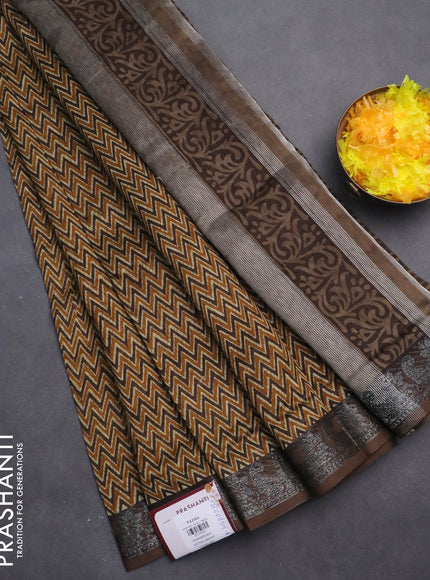 Chanderi silk cotton saree dark mustard and brown with allover zig zag prints and banarasi style border