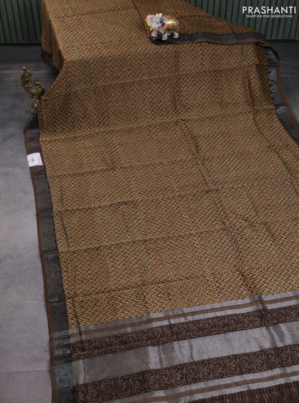 Chanderi silk cotton saree dark mustard and brown with allover zig zag prints and banarasi style border