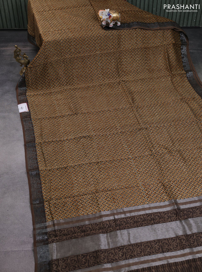 Chanderi silk cotton saree dark mustard and brown with allover zig zag prints and banarasi style border