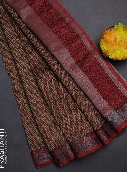 Chanderi silk cotton saree grey and maroon with allover zig zag prints and banarasi style border