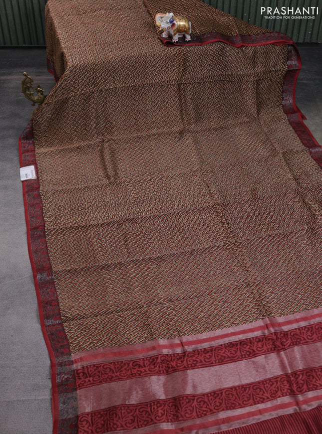 Chanderi silk cotton saree grey and maroon with allover zig zag prints and banarasi style border