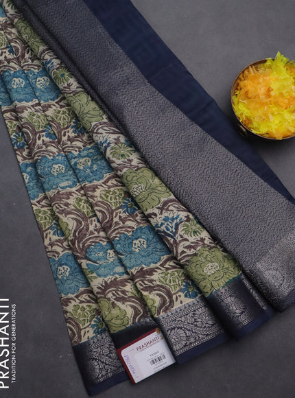 Chanderi silk cotton saree cream and dark blue with allover prints and banarasi style border