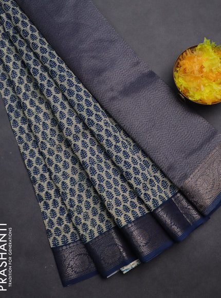 Chanderi silk cotton saree beige and peacock blue with allover butta prints and banarasi style border