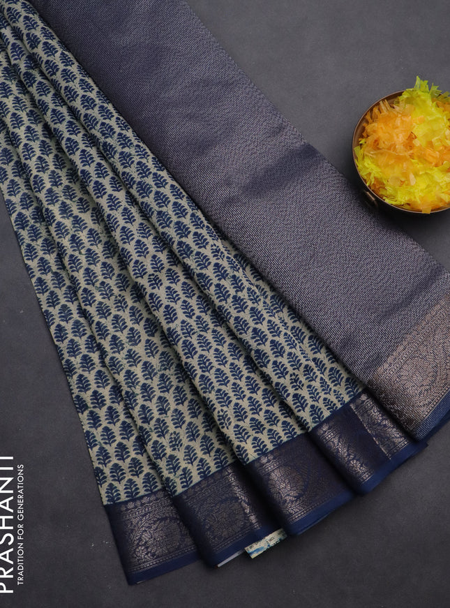Chanderi silk cotton saree beige and peacock blue with allover butta prints and banarasi style border