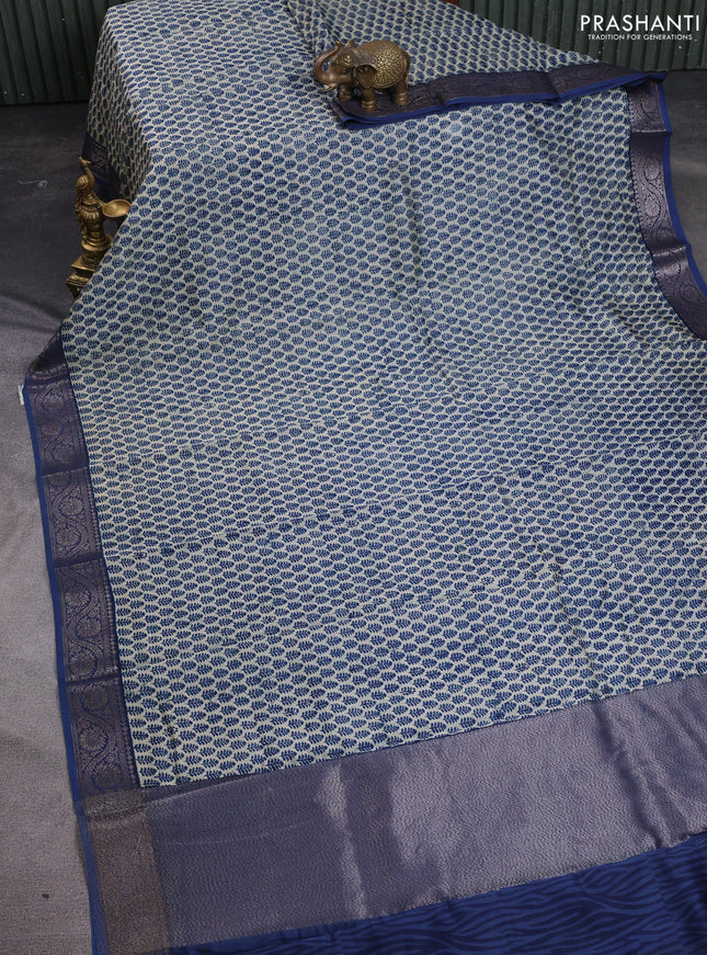 Chanderi silk cotton saree beige and peacock blue with allover butta prints and banarasi style border