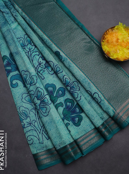 Chanderi silk cotton saree teal blue and teal green with allover prints and banarasi style border