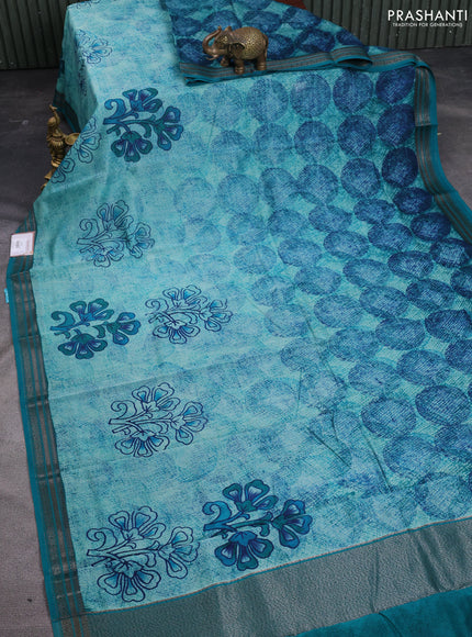 Chanderi silk cotton saree teal blue and teal green with allover prints and banarasi style border