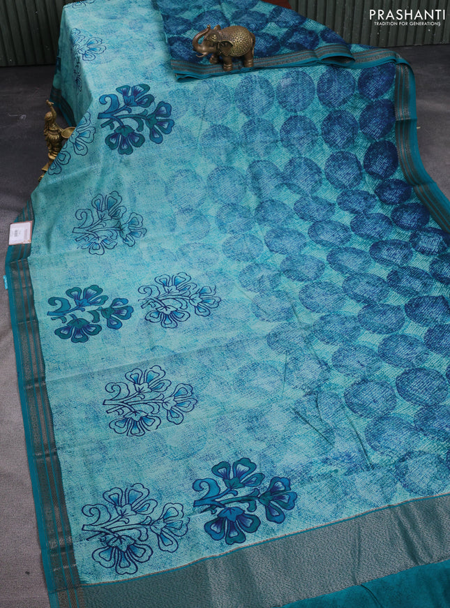 Chanderi silk cotton saree teal blue and teal green with allover prints and banarasi style border