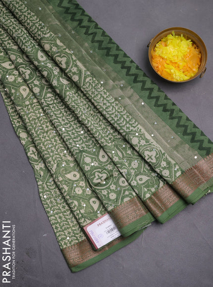 Chanderi silk cotton saree pastel green with allover prints & mirror work and woven border
