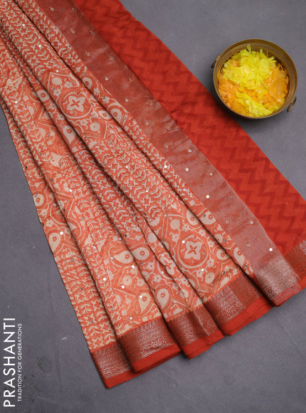 Chanderi silk cotton saree pale orange and orange with allover prints & mirror work and woven border