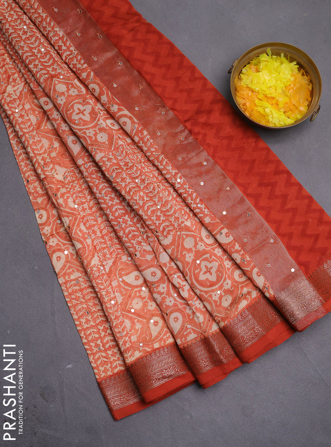 Chanderi silk cotton saree pale orange and orange with allover prints & mirror work and woven border