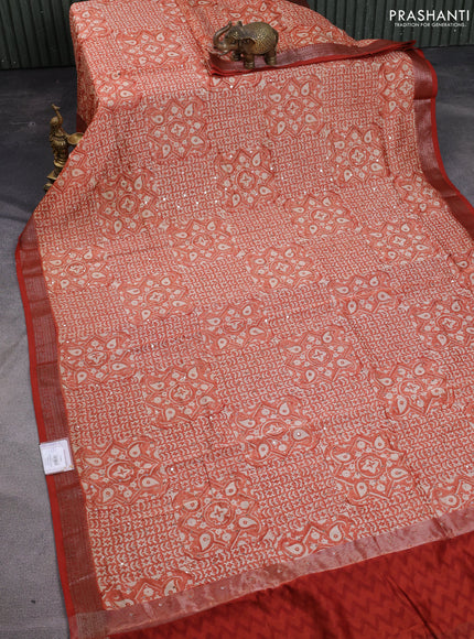 Chanderi silk cotton saree pale orange and orange with allover prints & mirror work and woven border