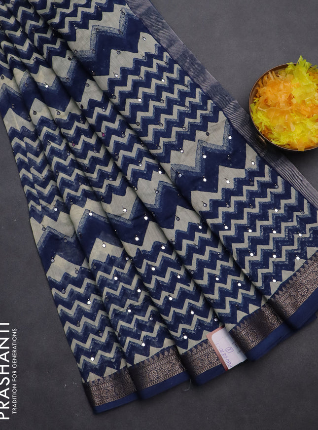 Chanderi silk cotton saree dark blue and beige with allover zig zag prints & mirror work and woven border