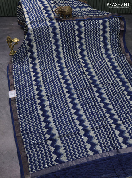 Chanderi silk cotton saree dark blue and beige with allover zig zag prints & mirror work and woven border