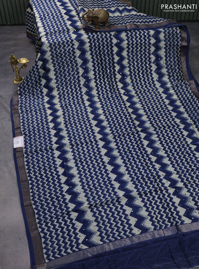 Chanderi silk cotton saree dark blue and beige with allover zig zag prints & mirror work and woven border