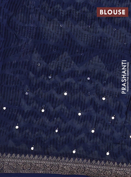 Chanderi silk cotton saree dark blue and beige with allover zig zag prints & mirror work and woven border