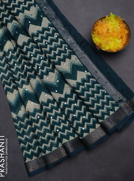 Chanderi silk cotton saree peacock green and beige with allover zig zag prints & mirror work and woven border