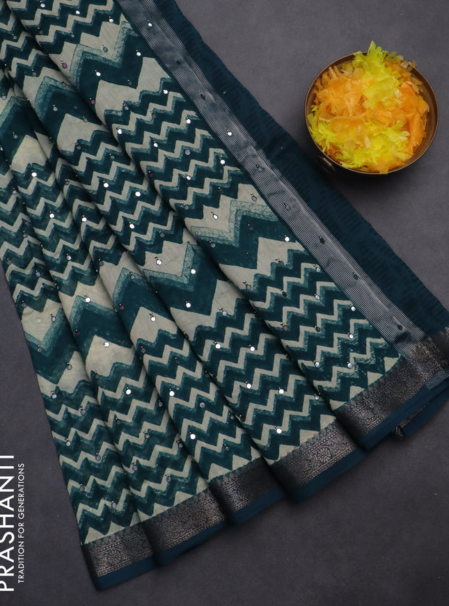 Chanderi silk cotton saree peacock green and beige with allover zig zag prints & mirror work and woven border