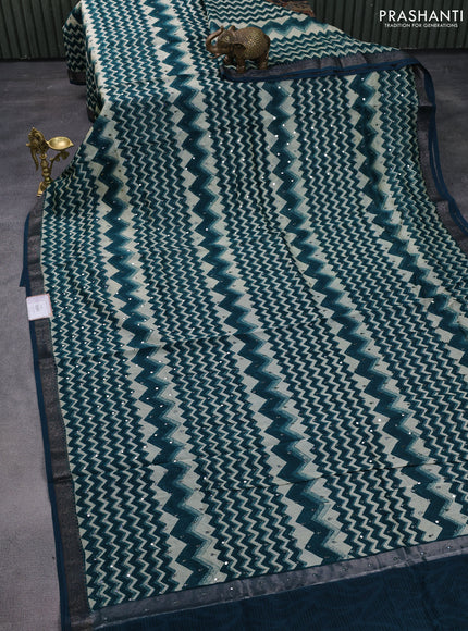 Chanderi silk cotton saree peacock green and beige with allover zig zag prints & mirror work and woven border