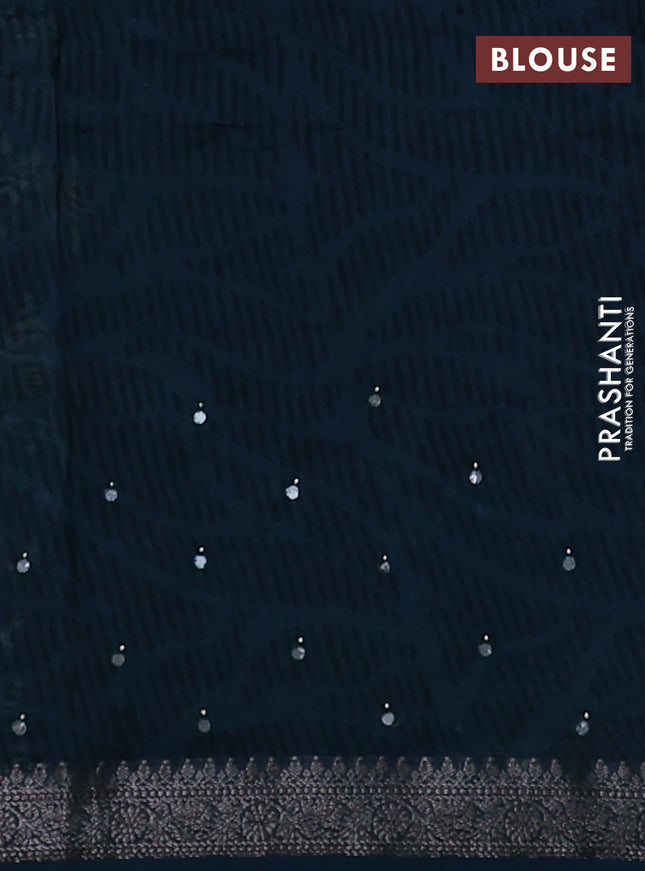 Chanderi silk cotton saree peacock green and beige with allover zig zag prints & mirror work and woven border