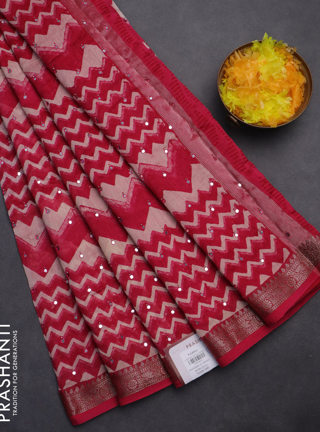 Chanderi silk cotton saree pink and beige with allover zig zag prints & mirror work and woven border