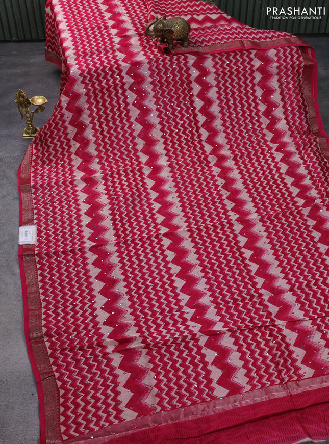 Chanderi silk cotton saree pink and beige with allover zig zag prints & mirror work and woven border