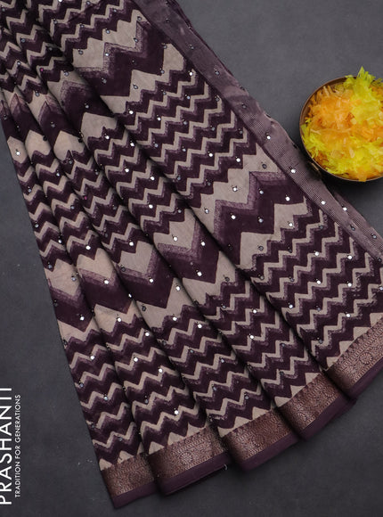 Chanderi silk cotton saree wine shade and beige with allover zig zag prints & mirror work and woven border