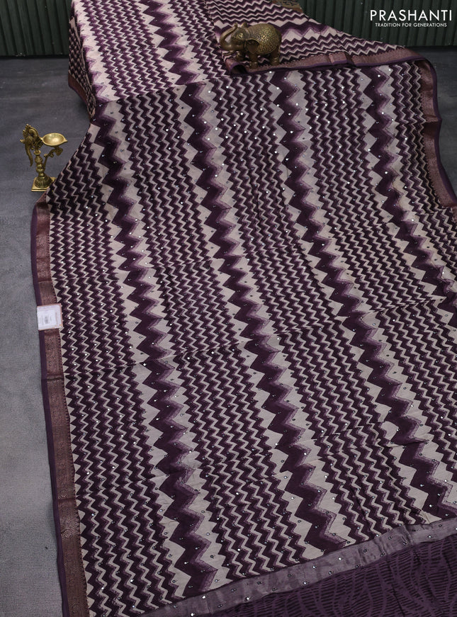Chanderi silk cotton saree wine shade and beige with allover zig zag prints & mirror work and woven border