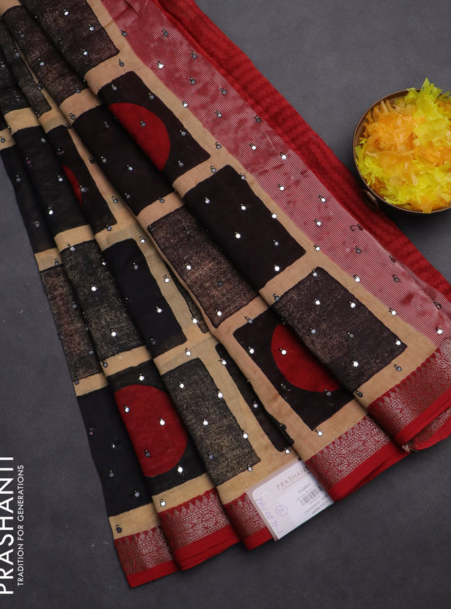 Chanderi silk cotton saree black sandal and kumkum red with allover geometric prints & mirror work and woven border