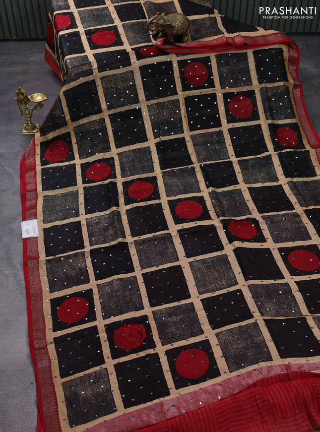 Chanderi silk cotton saree black sandal and kumkum red with allover geometric prints & mirror work and woven border