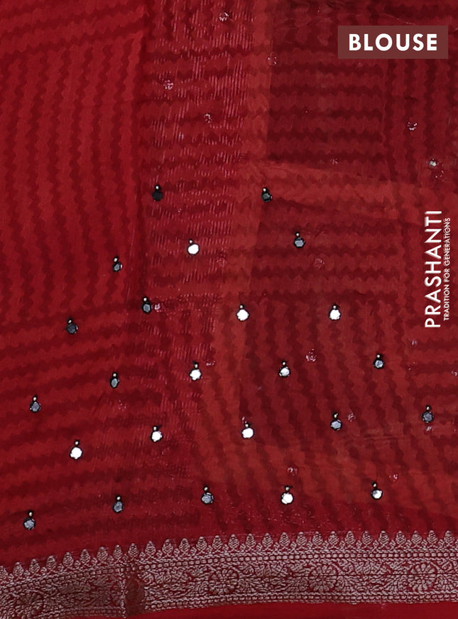 Chanderi silk cotton saree black sandal and kumkum red with allover geometric prints & mirror work and woven border