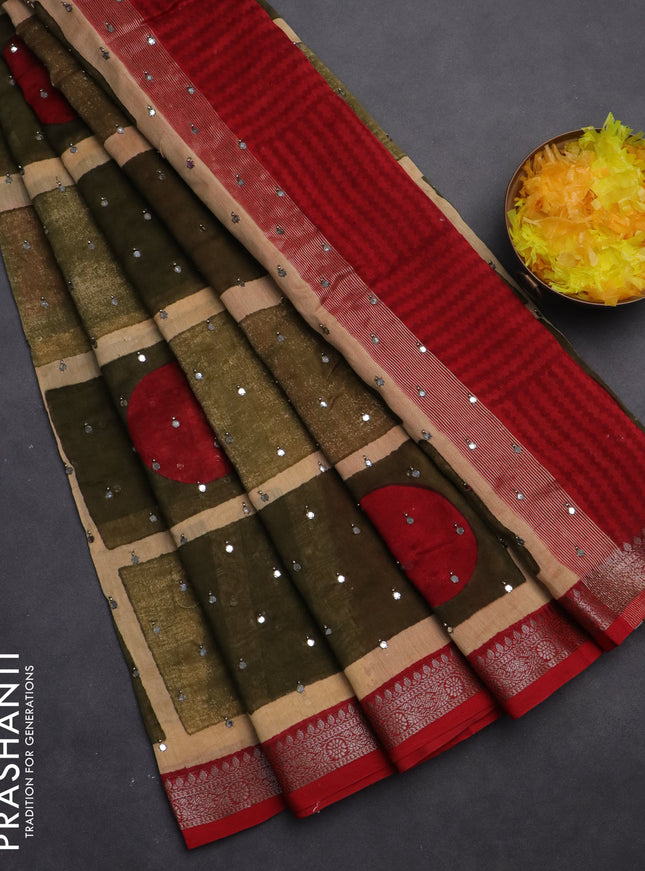 Chanderi silk cotton saree sap green sandal and kumkum red with allover geometric prints & mirror work and woven border