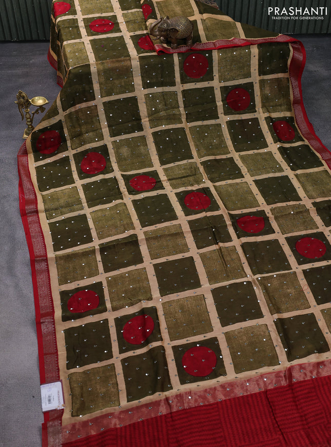 Chanderi silk cotton saree sap green sandal and kumkum red with allover geometric prints & mirror work and woven border