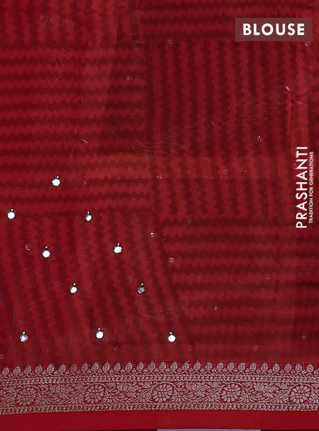 Chanderi silk cotton saree sap green sandal and kumkum red with allover geometric prints & mirror work and woven border