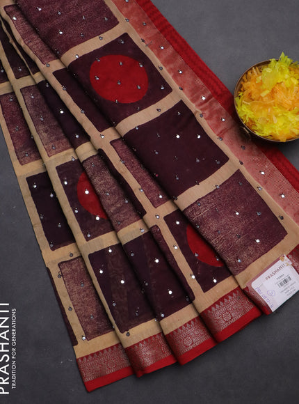 Chanderi silk cotton saree sandal wine shade and kumkum red with allover geometric prints & mirror work and woven border