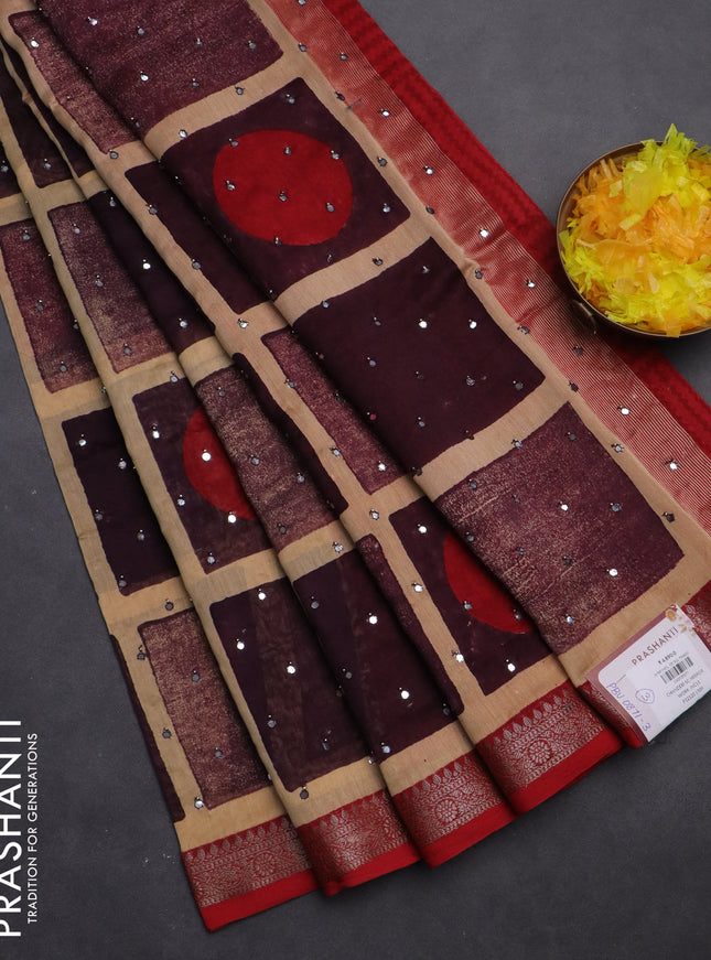 Chanderi silk cotton saree sandal wine shade and kumkum red with allover geometric prints & mirror work and woven border
