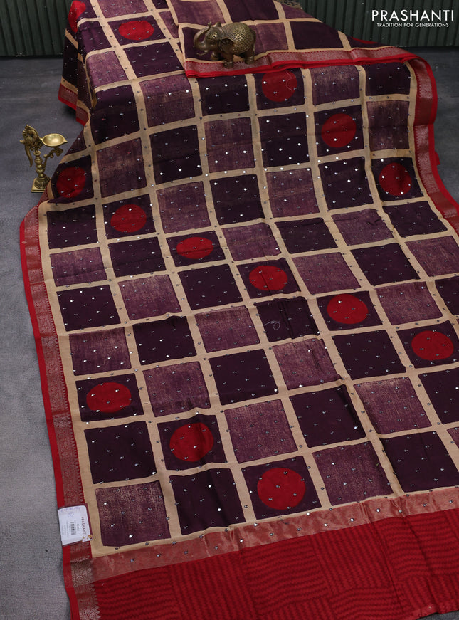 Chanderi silk cotton saree sandal wine shade and kumkum red with allover geometric prints & mirror work and woven border