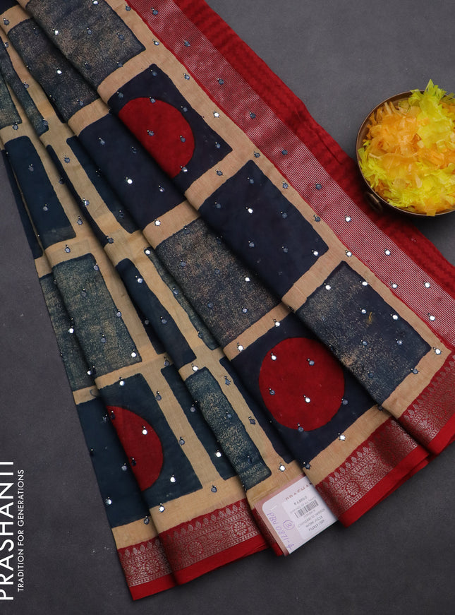Chanderi silk cotton saree peacock blue and kumkum red with allover geometric prints & mirror work and woven border