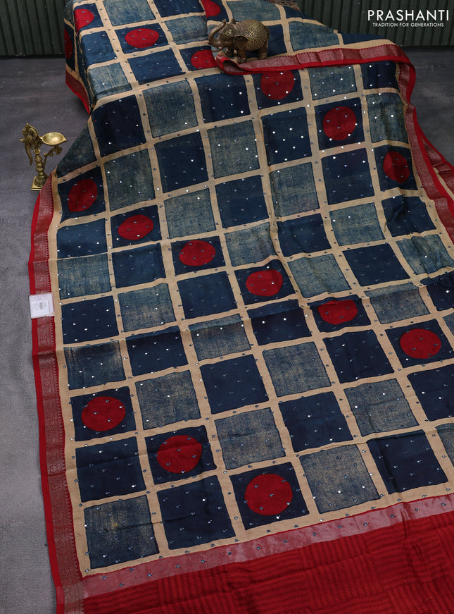 Chanderi silk cotton saree peacock blue and kumkum red with allover geometric prints & mirror work and woven border